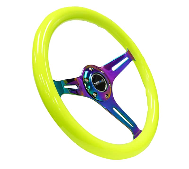 NRG — NRG Classic Wood Grain Steering Wheel (350mm) Neon Yellow Color w/Neochrome Spokes - view 3