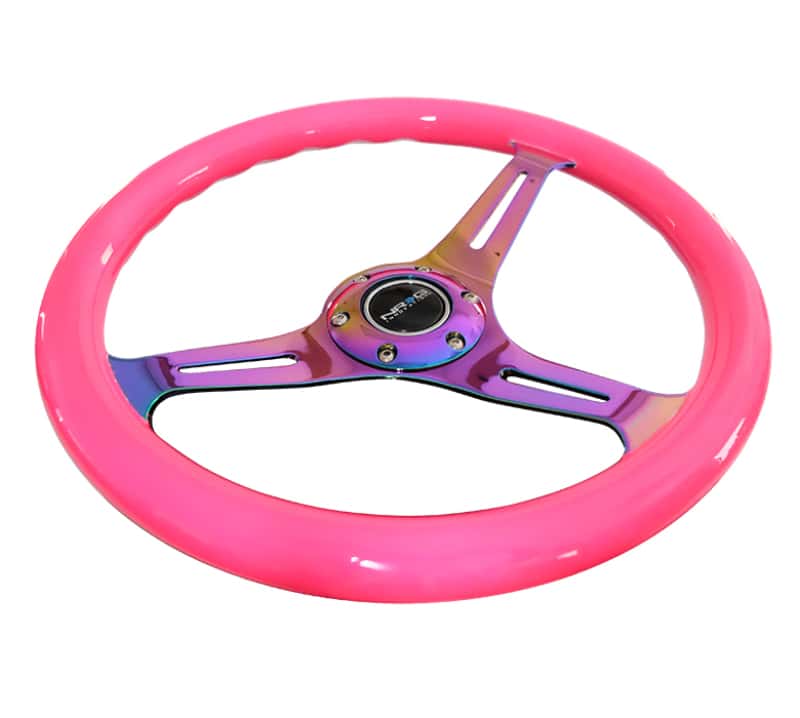 NRG — NRG Classic Wood Grain Steering Wheel (350mm) Neon Pink Painted Grip w/Neochrome 3-Spoke Center - view 4