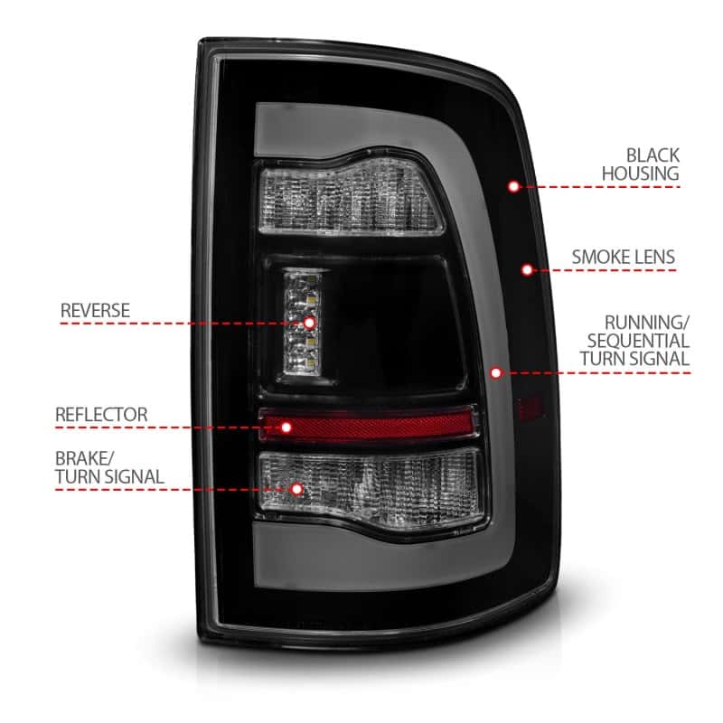 ANZO — ANZO 09-18 Dodge Ram 1500 Sequential LED Taillights Smoke Black
Tail Light Set
TailLightSet - view 5