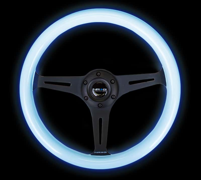 NRG — NRG Classic Wood Grain Steering Wheel (350mm) Glow-In-The-Dark Blue Grip w/Black 3-Spoke Center - view 4