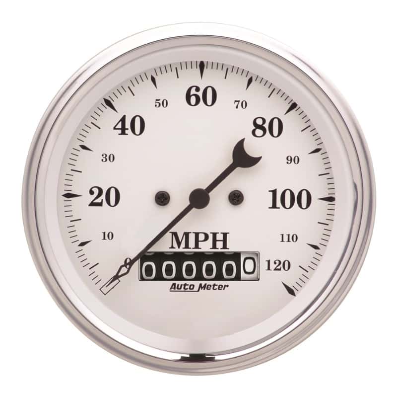 AutoMeter — AutoMeter Gauge Speedo. 3-3/8in. 120MPH Elec. Prog. W/ Wheel Odo Old Tyme White
3-3/8" SPEEDO, 120 M - view 1