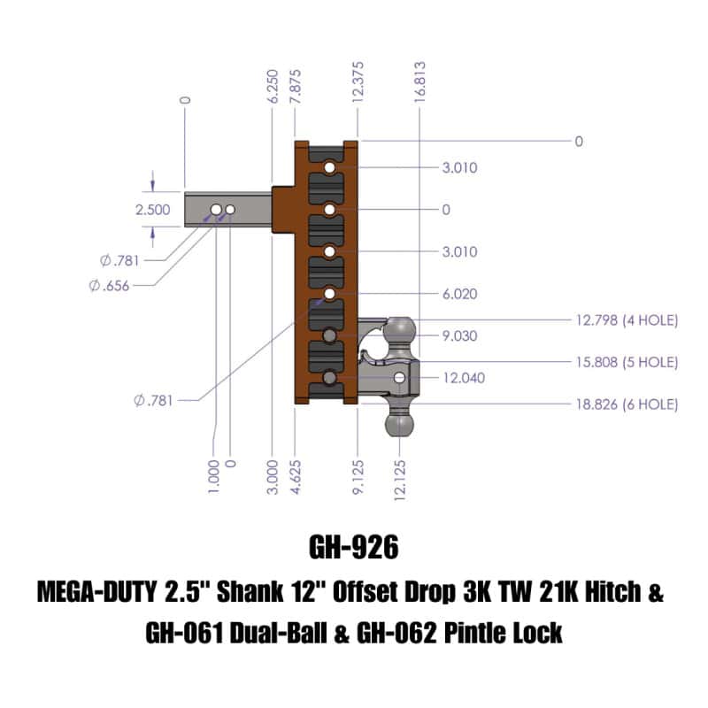 GEN-Y Hitch — Gen-Y Mega Duty 2.5in Shank 12in Offset Drop 21K Hitch w/GH-061 Dual-Ball/GH-062 Pintle Lock
Drop Hitch - view 2