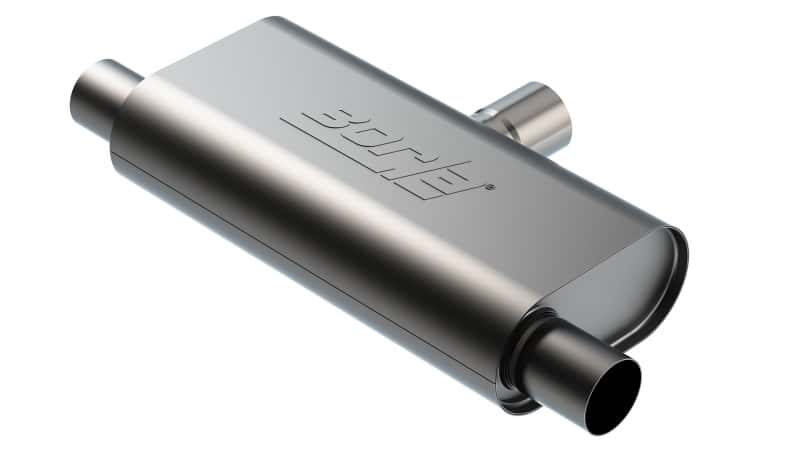 Borla — Borla T- Flow Universal Muffler - 2.5in Single Inlet/2.5in Dual Outlet 24in OAL 4.25x9.10x18in Body
Transverse Muffler - view 1