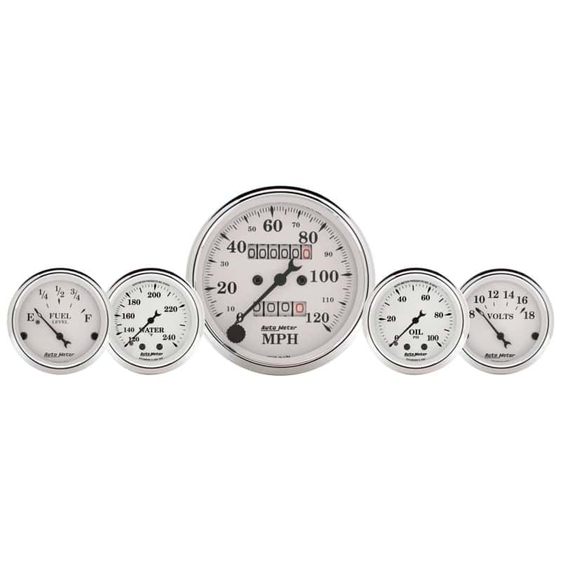 AutoMeter — AutoMeter Gauge Kit 5 Pc. 3-1/8in. & 2-1/16in. Mech. Speedo. Wtmp & Oilp Old Tyme Wht
OLD TYME WHITE 5 PC. - view 2