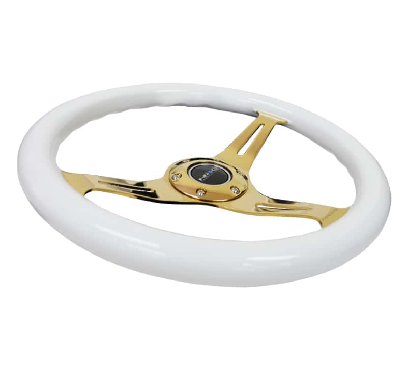 NRG — NRG Classic Wood Grain Steering Wheel (350mm) White Grip w/Chrome Gold 3-Spoke Center - view 3