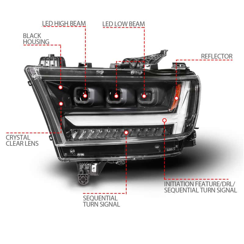 ANZO — ANZO 19-24 RAM 1500 (New Body/OE Halogen) Full LED Proj Headlights DRL/SeqSig Black - Driver Side - view 3