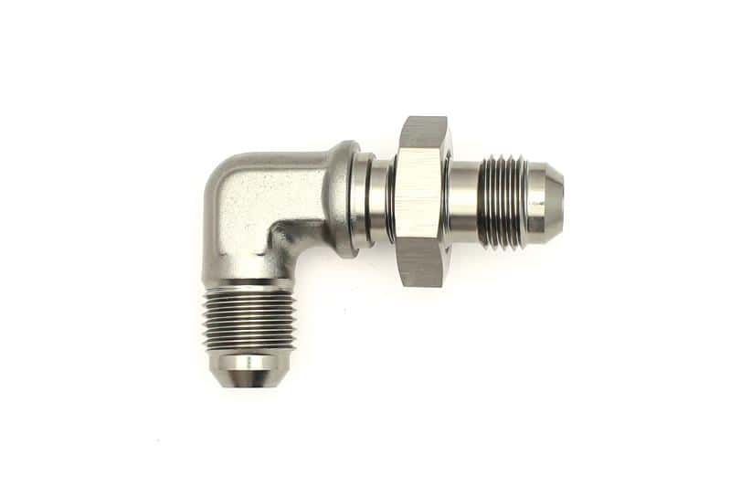 DeatschWerks — DeatschWerks 6AN Male Flare To 6AN Male Flare Bulkhead Adapter 90-Degree (Incl. Nut) - view 1