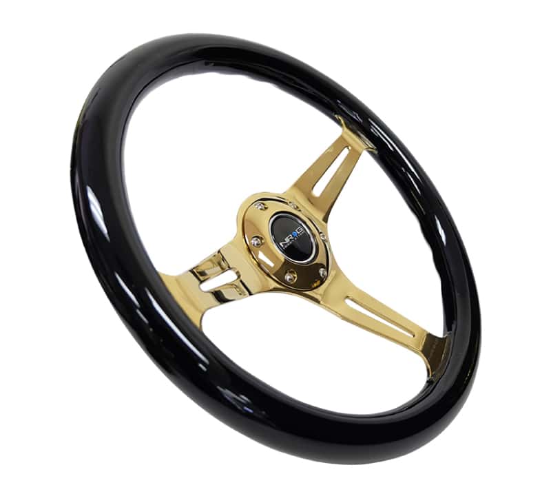 NRG — NRG Classic Wood Grain Steering Wheel (350mm) Black Grip w/Chrome Gold 3-Spoke Center - view 2