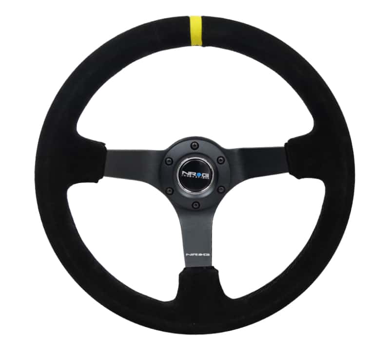 NRG — NRG Reinforced Steering Wheel (350mm / 3in. Deep) Blk Suede/X-Stitch w/5mm Blk Spoke & Yellow CM - view 1