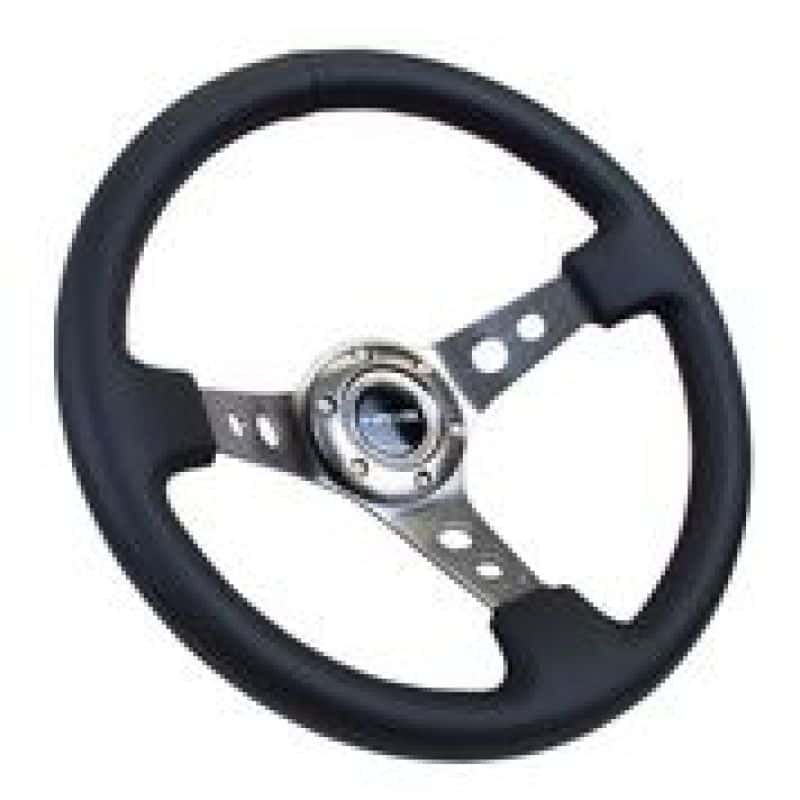NRG — NRG Reinforced Steering Wheel (350mm / 3in. Deep) Blk Leather w/Gunmetal Circle Cutout Spokes - view 2