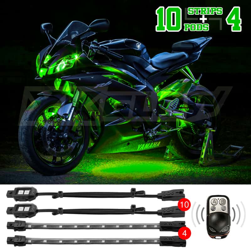 XKGLOW — XK Glow Strips Single Color XKGLOW LED Accent Light Motorcycle Kit Green - 10xPod + 4x8In - view 1
