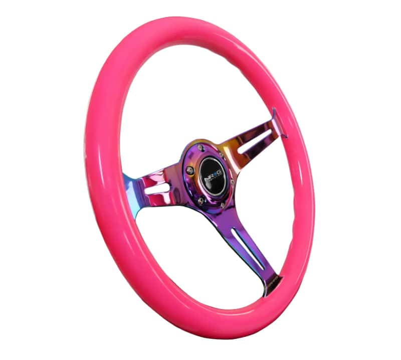 NRG — NRG Classic Wood Grain Steering Wheel (350mm) Neon Pink Painted Grip w/Neochrome 3-Spoke Center - view 3