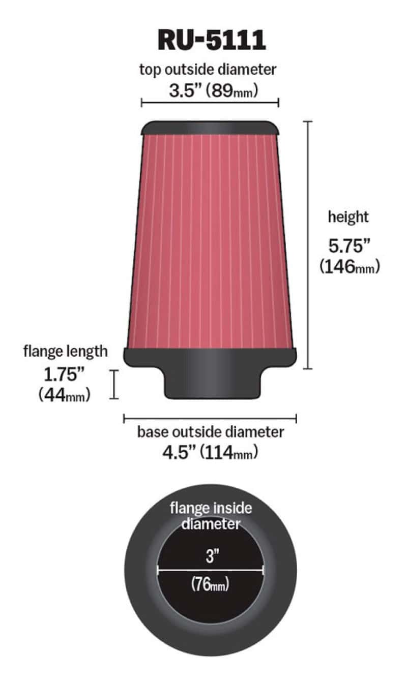 K&N Engineering — K&N Filter Universal Rubber Filter 3  Flange 4 1/2 Base inch 3 1/2 inch Top 5 3/4 inch Height
Universal Clamp-On A
Clamp-on Air Filter - view 7
