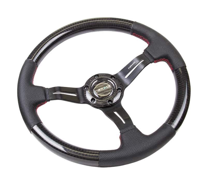 NRG — NRG Carbon Fiber Steering Wheel (350mm /1.5in. Deep) Leather Trim w/Red Stitch & Slit Cutout Spokes - view 2