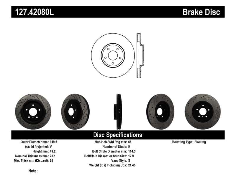 Stoptech — StopTech 06-07 350Z / 05-07 G35 exp Sport/ 06-07 G35X SportStop Slotted & Drilled Front Left Rotor
Disc Brake Rotor
Slot/Drill Rotor - view 6
