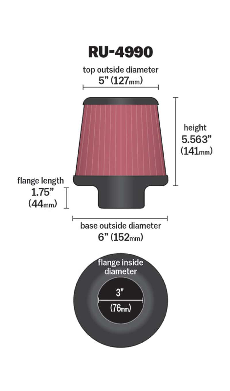 K&N Engineering — K&N Filter Universal Rubber Filter-Rd Tapered 3in Flange ID x 6in Base OD x 5in Top OD x 5.563in H
Universal Clamp-On A
Clamp-on Air Filter - view 3