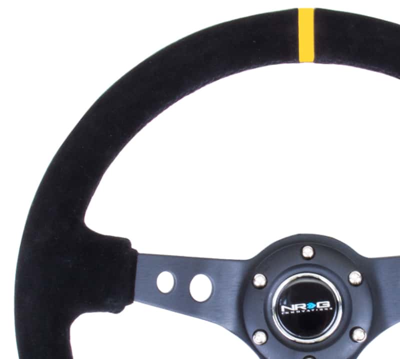 NRG — NRG Reinforced Steering Wheel (350mm / 3in. Deep) Blk Suede w/Circle Cut Spokes & Single Yellow CM - view 3