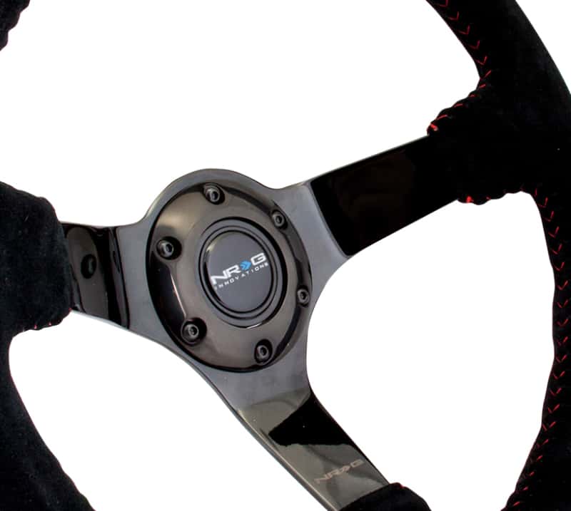 NRG — NRG Reinforced Steering Wheel (350mm / 3in. Deep) Blk Suede w/Red BBall Stitch & Black 3-Spoke - view 3