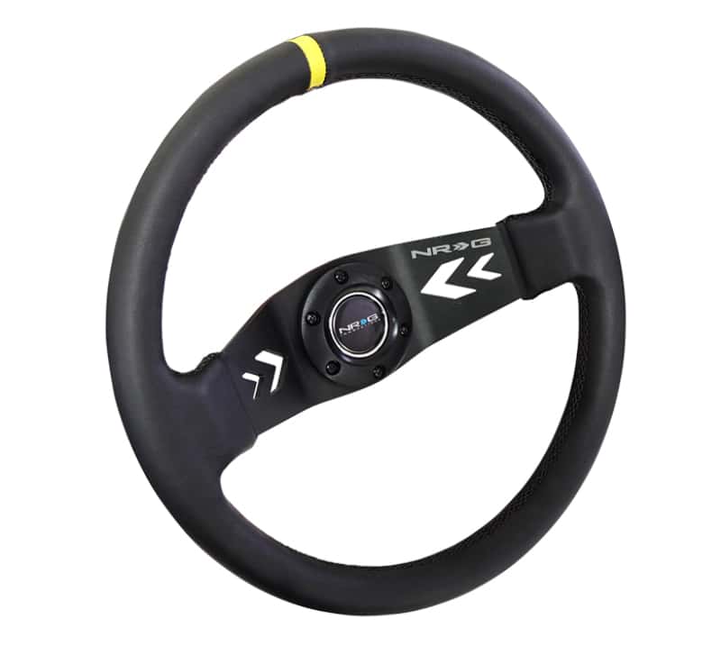 NRG — NRG Reinforced Steering Wheel (350mm / 3in Deep) Blk Leather w/NRG Arrow-Cut 2-Spoke & Sgl Yellow CM - view 1