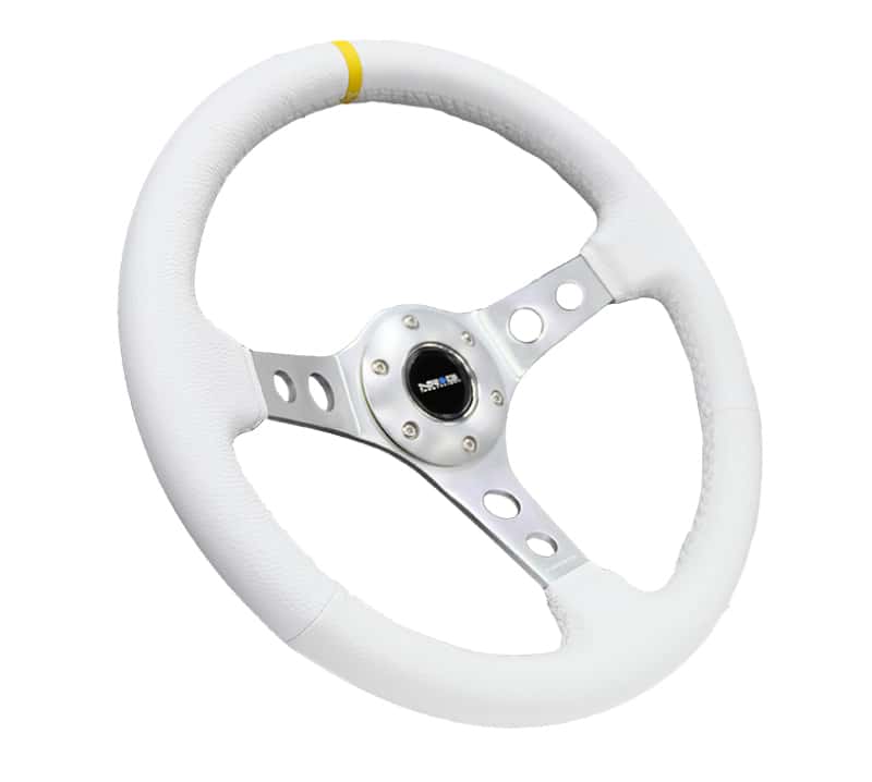 NRG — NRG Reinforced Steering Wheel (350mm / 3in. Deep) Wht Leather w/Silver Spoke & Single Yellow Mark - view 7