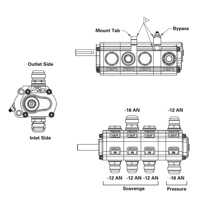 Peterson Fluid Systems — Peterson Fluid Systems R4 4-Stage Oil Pump - Rear Drive Left Side Mount - HV - Drag Adj.
R4 Oil Pump 4 Stage - view 2