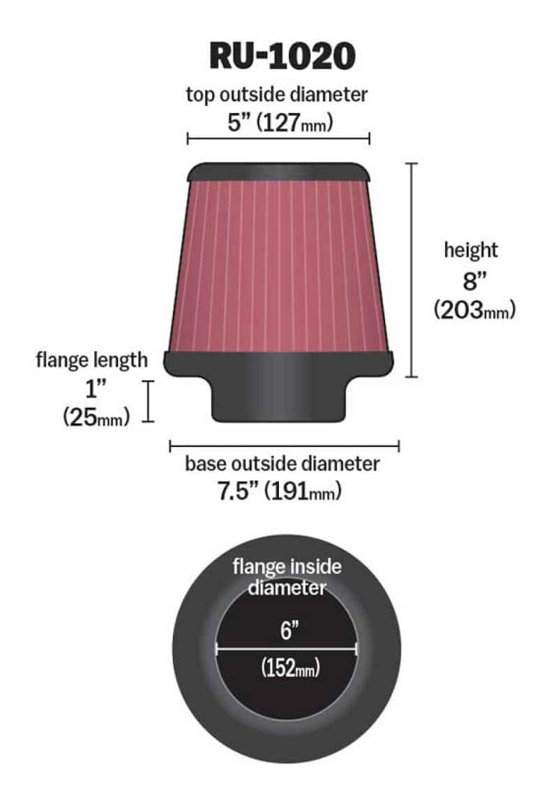 K&N Engineering — K&N Universal Tapered Filter 6in Flange ID x 7.5in Base OD x 5in Top OD x 8in Height
Universal Clamp-On A
Clamp-on Air Filter - view 3