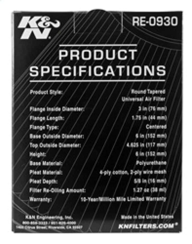K&N Engineering — K&N Universal Rubber Filter - Round Tapered 6in Base OD x 3in Flange ID x 6in H
Universal Clamp-On A
Clamp-on Air Filter - view 12