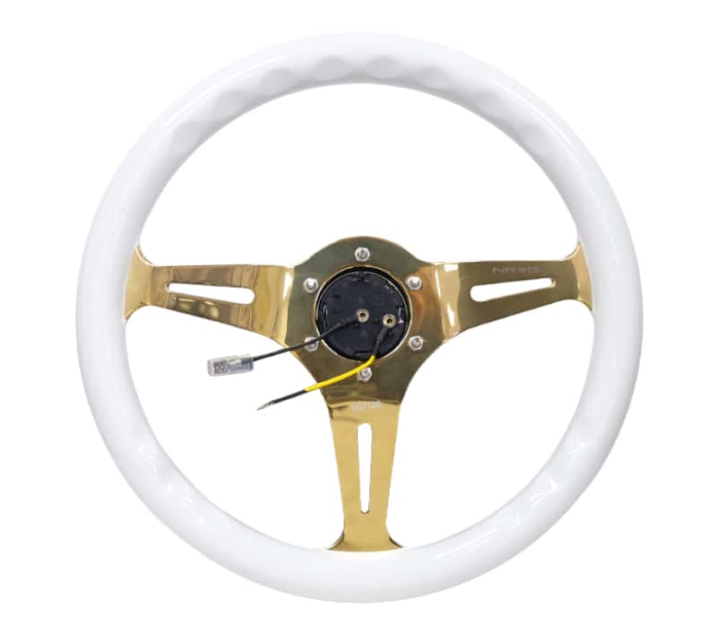 NRG — NRG Classic Wood Grain Steering Wheel (350mm) White Grip w/Chrome Gold 3-Spoke Center - view 4