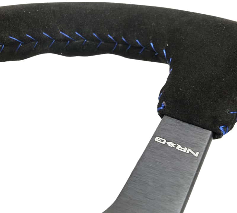 NRG — NRG Reinforced Steering Wheel (350mm / 3in. Deep) Blk Suede/Blue BBall Stitch w/5mm Matte Blk Spokes - view 6
