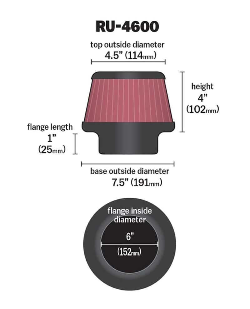 K&N Engineering — K&N Filter 6 inch Flange 7.5 inch Base 4.5 Top 4 inch Height
Universal Clamp-On A
Clamp-on Air Filter - view 3