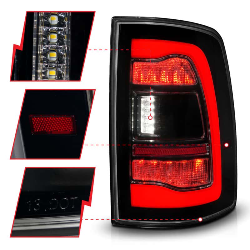 ANZO — ANZO 09-18 Dodge Ram 1500 Sequential LED Taillights Smoke Black
Tail Light Set
TailLightSet - view 9