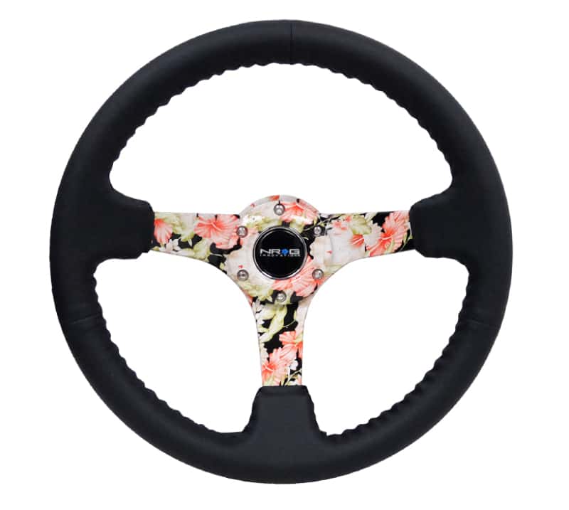 NRG — NRG Reinforced Steering Wheel (350mm / 3in. Deep) Blk Leather Floral Dipped w/ Blk Baseball Stitch - view 1