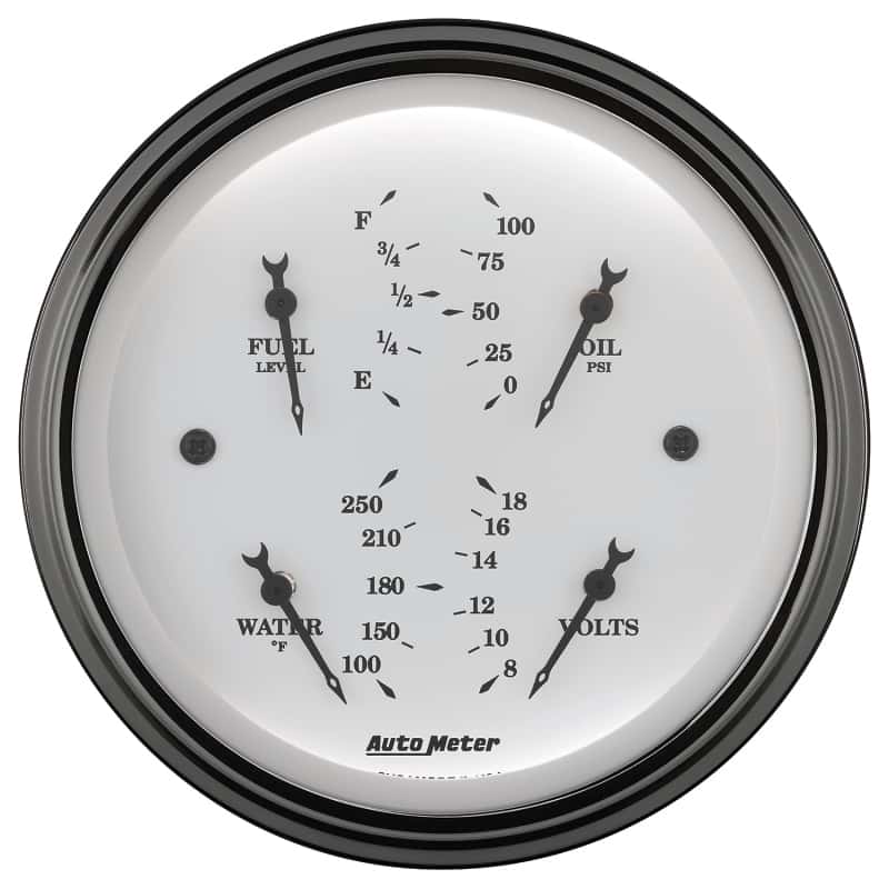 AutoMeter — AutoMeter Gauge Quad 3-3/8in. 0 Ohm(e) to 90 Ohm(f)Elec Old Tyme White
3-3/8" QUAD GA, FUEL - view 3