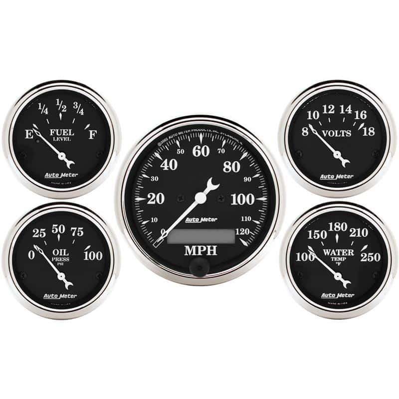 AutoMeter — AutoMeter Gauge Kit 5 Pc. 3-1/8in. & 2-1/16in. Elec. Speedometer Old Tyme Black
OLD TYME BLACK 5 PC. - view 1