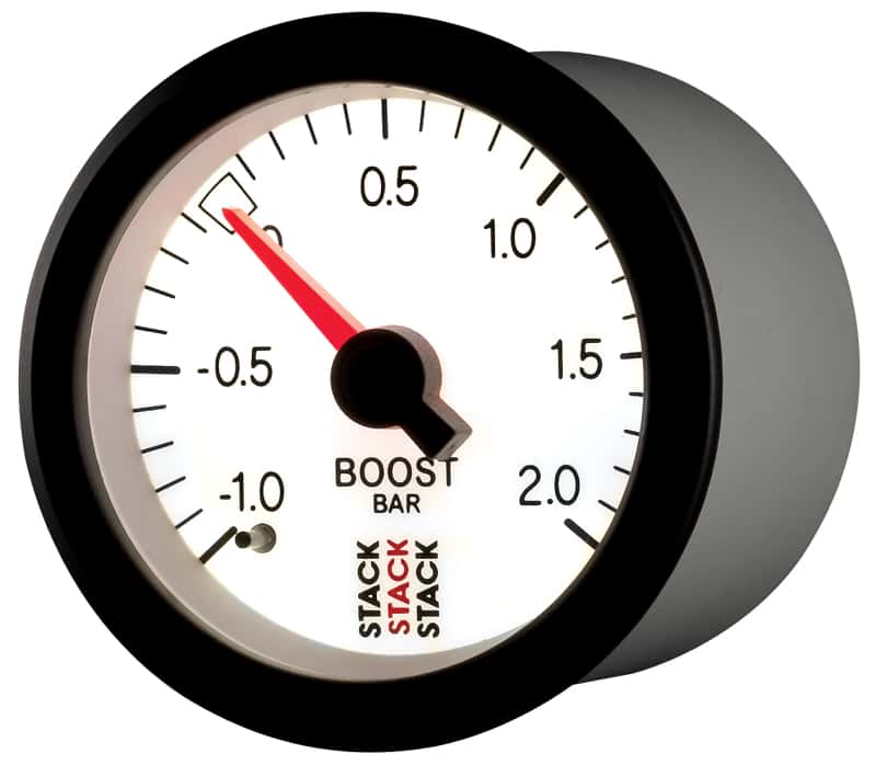 AutoMeter — Autometer Stack 52mm -1 to +2 Bar T-Fitting 0.187in Barb (M) Mechanical Boost Pressure Gauge - White
Ga Bst Mech Wht 2Bar - view 3