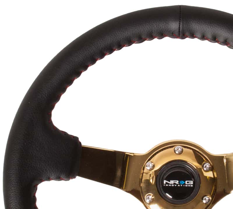 NRG — NRG Reinforced Steering Wheel (350mm / 3in. Deep) Blk Leather/Red BBall Stitch w/4mm Gold Spokes - view 2