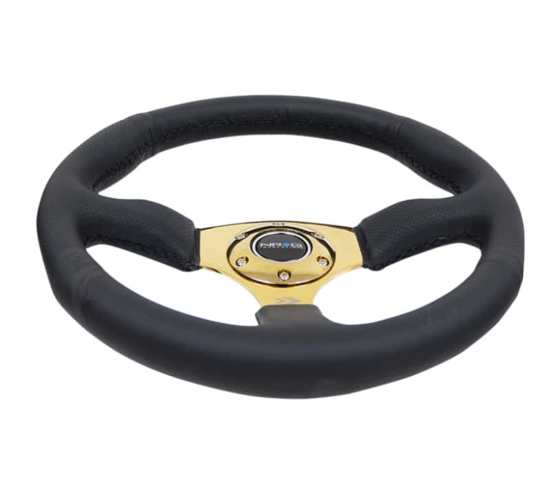 NRG — NRG Reinforced Steering Wheel (350mm / 2.5in. Deep) Leather Race Comfort Grip w/4mm Gold Spokes - view 3