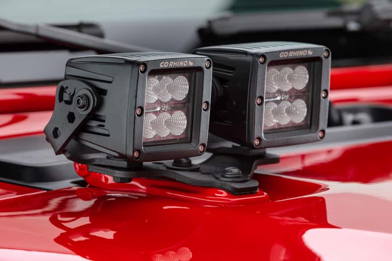 Go Rhino — Go Rhino 18-20 Jeep Wrangler JL/JLU/Gladiator JT Light Mount - Two 3in Cubes
Hood Hinge Mount - view 4