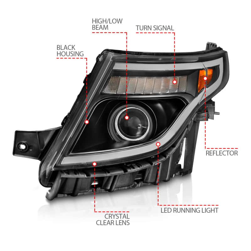 ANZO — ANZO 11-15 Ford Explorer (w/Factory Halogen HL Only) Projector Headlights w/Light Bar Black Housing
Head Light Set
HdLtSet - view 10