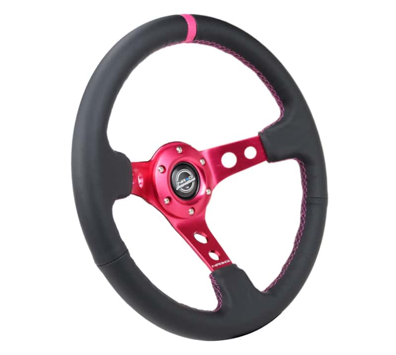 NRG — NRG Reinforced Steering Wheel (350mm/3in. Deep) Black Leather/ Fushia Center Mark/ Fushia Stitching - view 2
