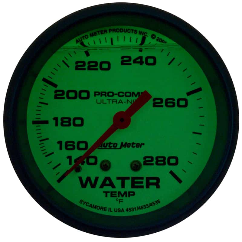 AutoMeter — Autometer Ultra-Nite 2-5/8in 140-280 Degree Liquid Filled Mechanical Glow In Dark Water Temp Gauge
GA 2.6" WT 280F L UN - view 2