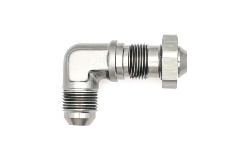 DeatschWerks — DeatschWerks 8AN Male Flare To 8AN Male Flare Bulkhead Adapter 90-Degree (Incl. Nut) - view 1