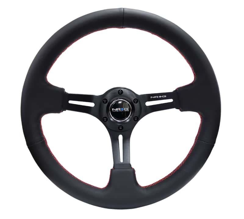 NRG — NRG Reinforced Steering Wheel (350mm / 3in. Deep) Black Leather/Red Stitch & Blk 3-Spoke w/Slits - view 1