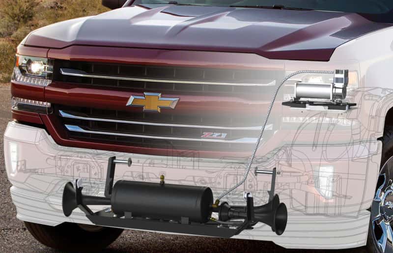 Kleinn Air Horns — Kleinn 07-13 Chevrolet Silverado/ Sierra Onboard Air System w/ Model 230 Horns
Train Horn - view 3