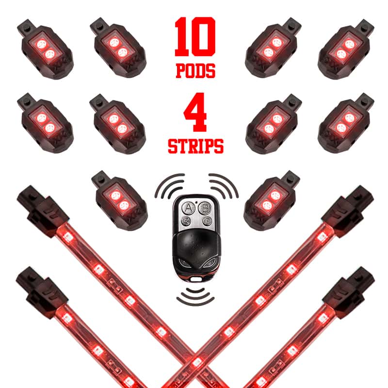 XKGLOW — XK Glow Single Color XKGLOW LED Accent Light Motorcycle Kit Red - 10xPod + 4x8InStrips - view 2