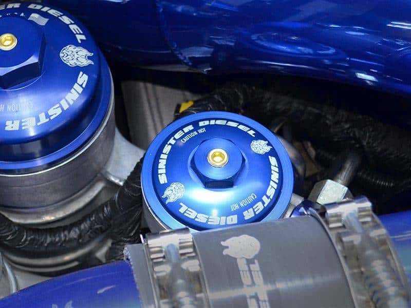 Sinister Diesel — Sinister Diesel 03-07 Ford Powerstroke 6.0L Blue Spring Kit w/ Billet Spring Housing/Fuel Filter Cap
Blue Spring Cap Kit - view 4