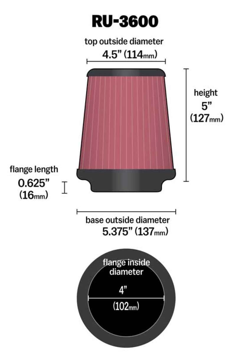 K&N Engineering — K&N Universal Air Filter 4in Flange / 5-3/8 in Base / 4-1/2in Top / 5in Height
Universal Clamp-On A
Clamp-on Air Filter - view 3