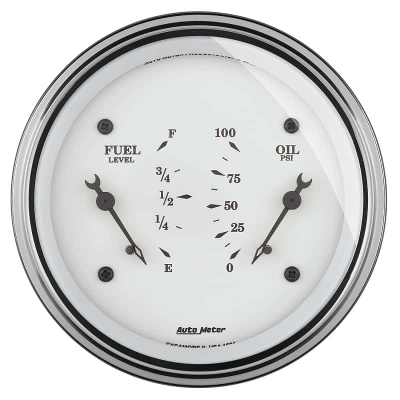 AutoMeter — AutoMeter Gauge Dual Fuel & Oilp 3-3/8in. 0 Ohm(e) to 90 Ohm(f)& 100PSI Elec Old Tyme White
3-3/8" DUAL, FUEL LE - view 4