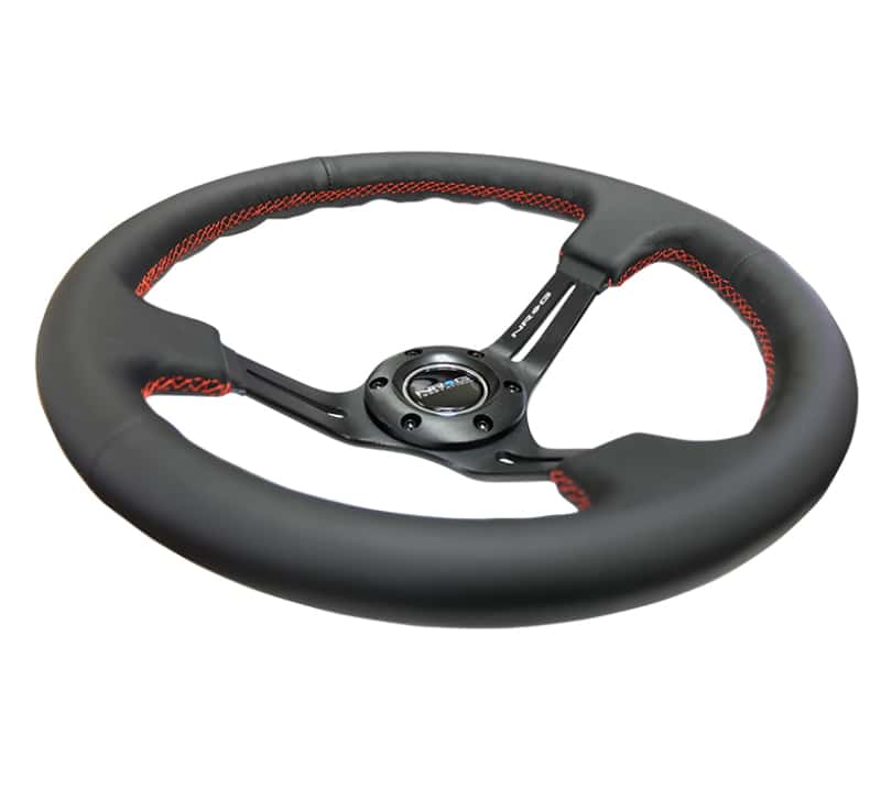 NRG — NRG Reinforced Steering Wheel (350mm / 3in. Deep) Black Leather/Red Stitch & Blk 3-Spoke w/Slits - view 3