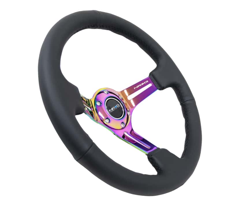 NRG — NRG Reinforced Steering Wheel (350mm / 3in. Deep) Blk Leather/Blk Stitch w/Neochrome Slits - view 2